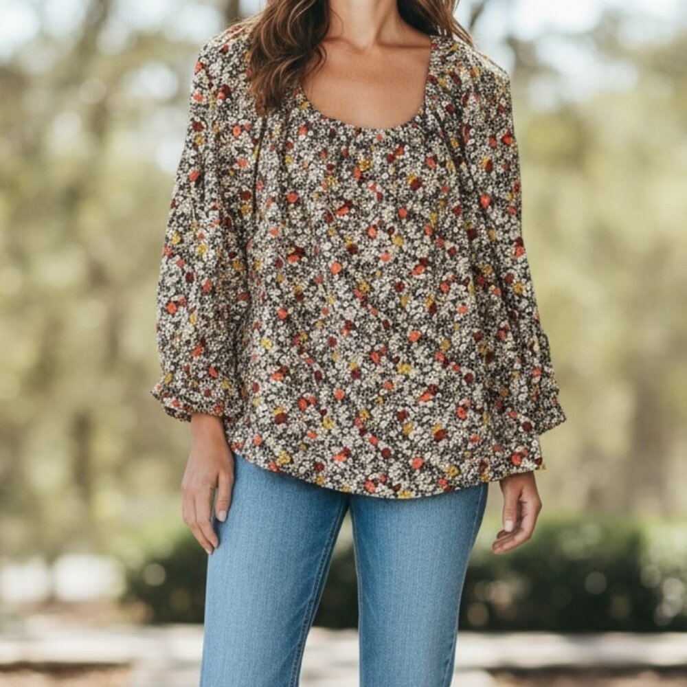 598 WOMEN XS BROWN FLORAL PEASANT BLOUSE BY TREASURE BOND